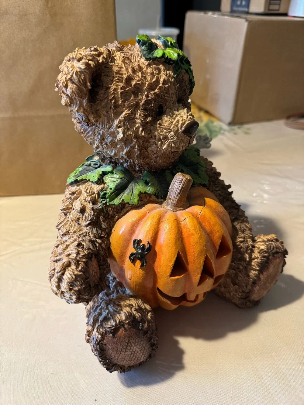 Brown Bear Figure with Orange Pumpkin Accent - vintage Michaels decor